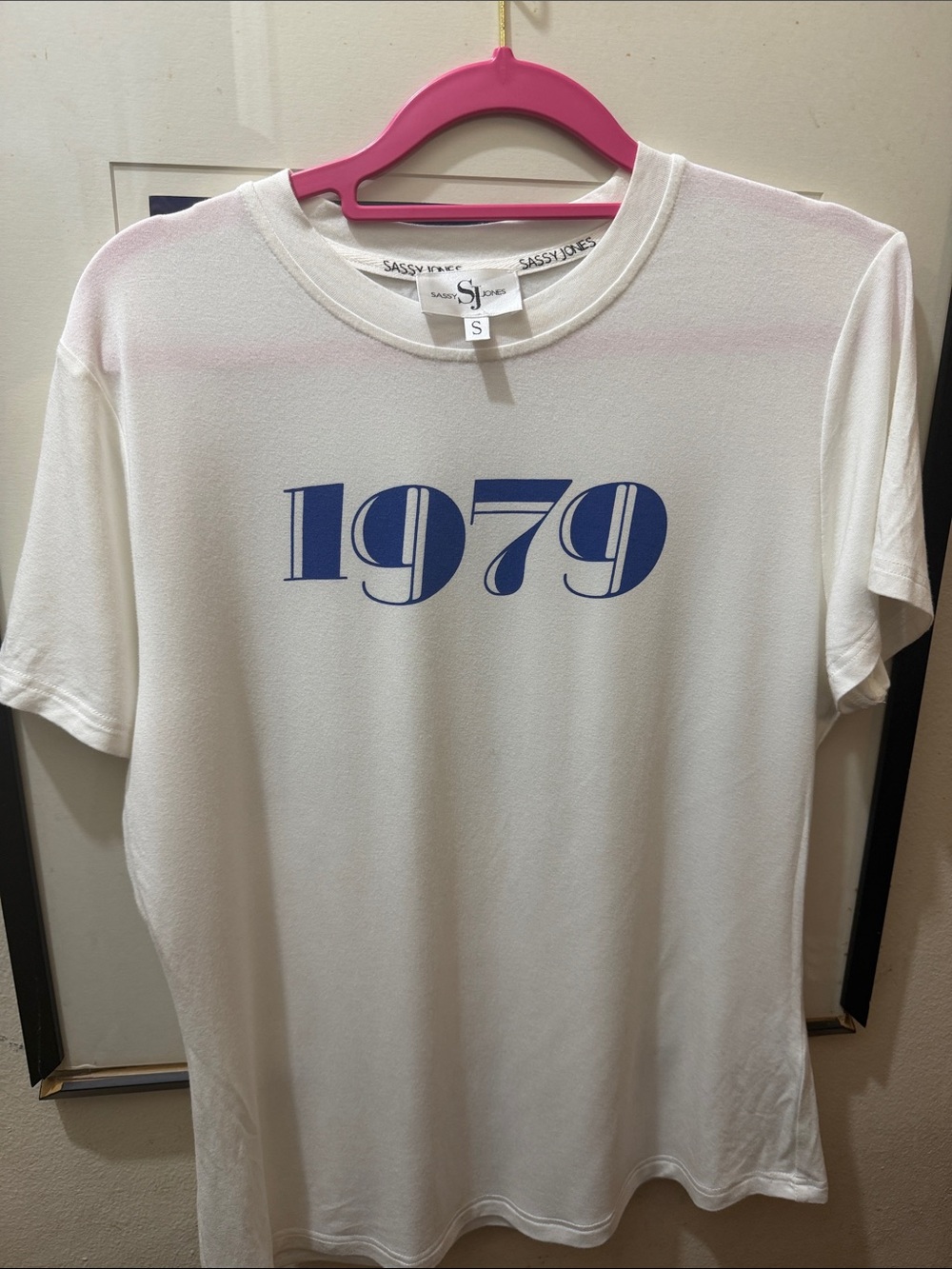 Sassy Jones White Tee with Blue '1979' Graphic